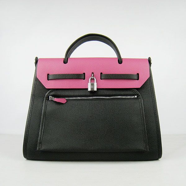 7A Replica Hermes Black/Peach Kelly 32cm Togo Leather Bag 60667